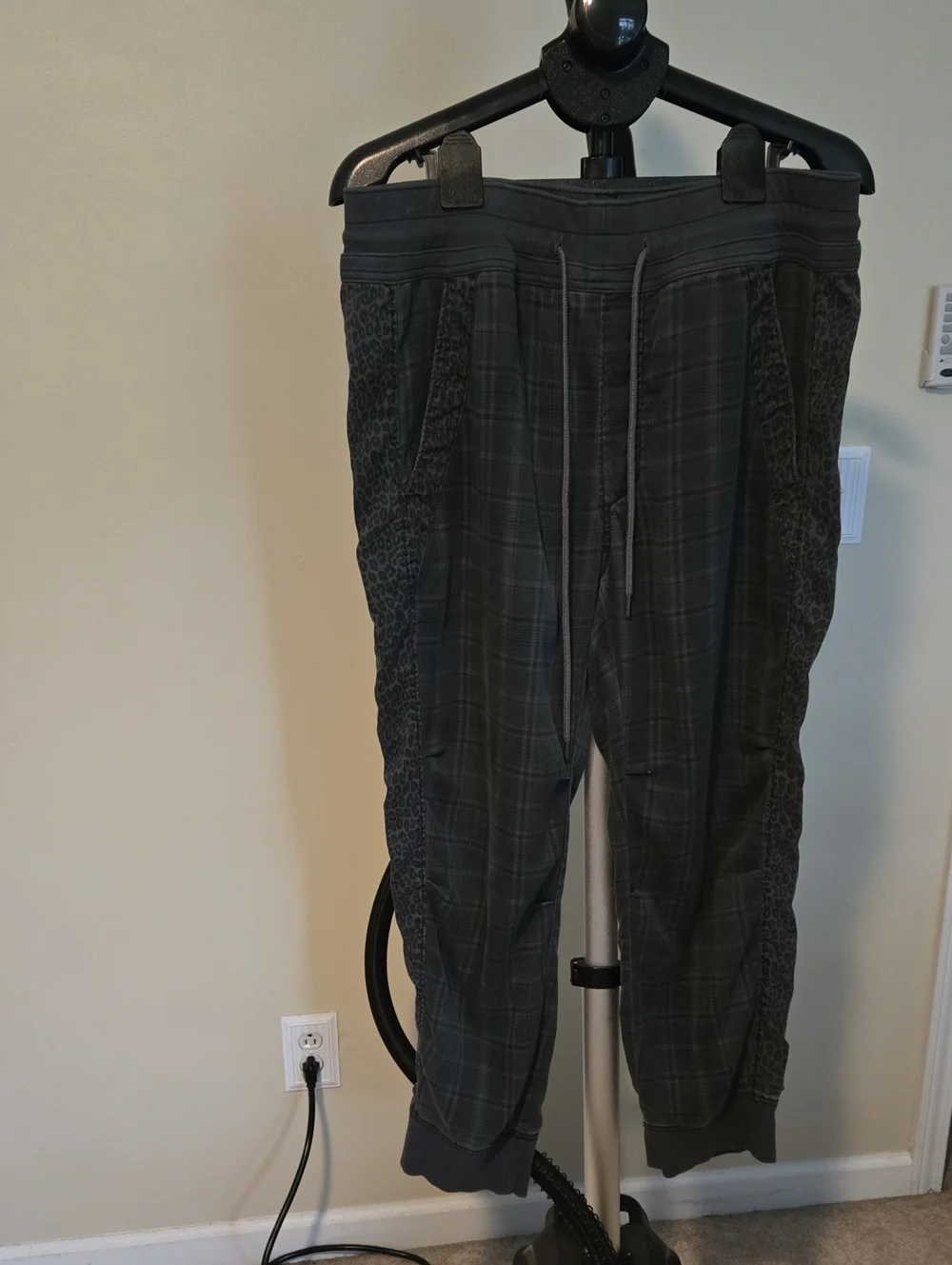 Anthropologie Dark Gray Plaid Drawstring Joggers